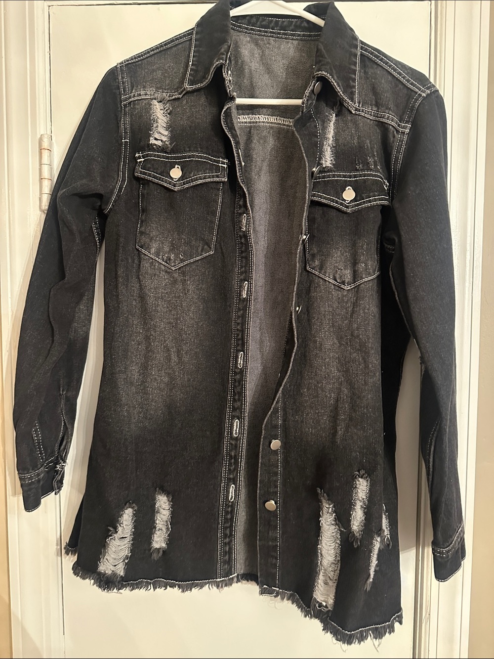 Distressed Long Denim Jacket - Black